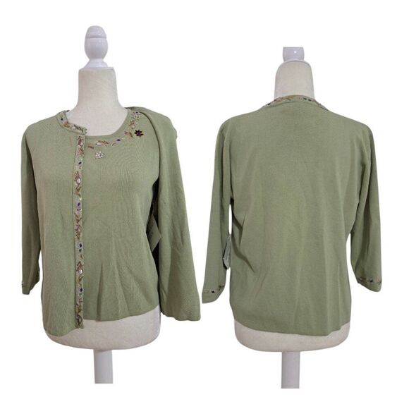 Joseph A. Women's 2 Pc Set Knit Top 3/4 Cardigan Sage Green Rhinestone Sz XL - Picture 1 of 8